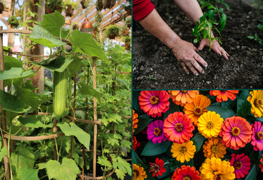 Collage featuring summer garden scenes including a cucumber growing on a vine, hands planting a young vegetable seedling in soil, and colorful blooming zinnia flowers.